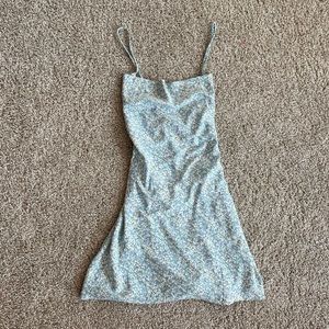 Blue Floral Mini Dress with Tie-Up Cross Back. Cowl Neck. Never Worn